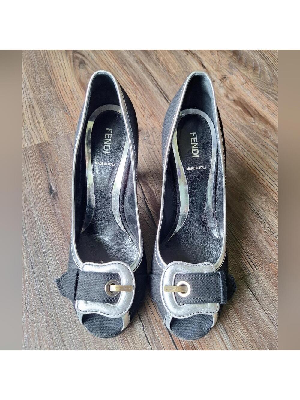 Fendi Black and Silver Buckle Open Toe Heel Size 8.5